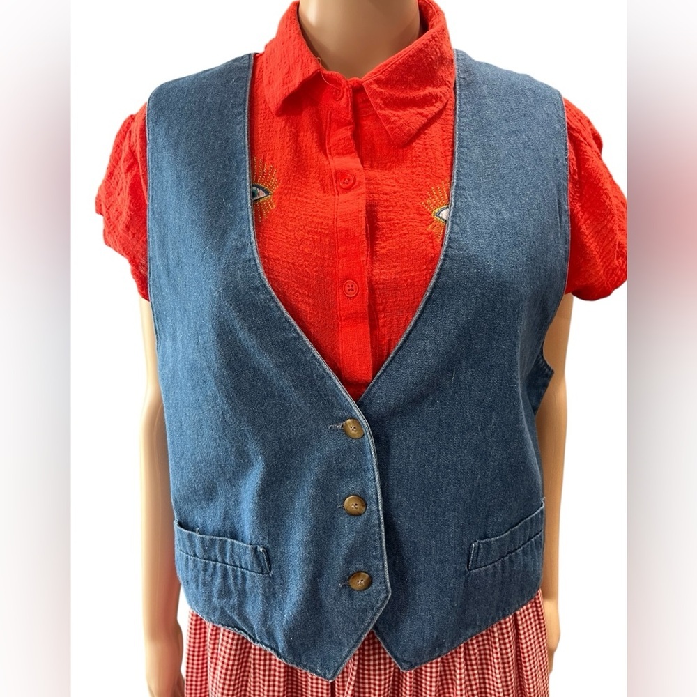 Western women’s blue denim cotton waistcoat vintage vest L - Picture 3 of 8